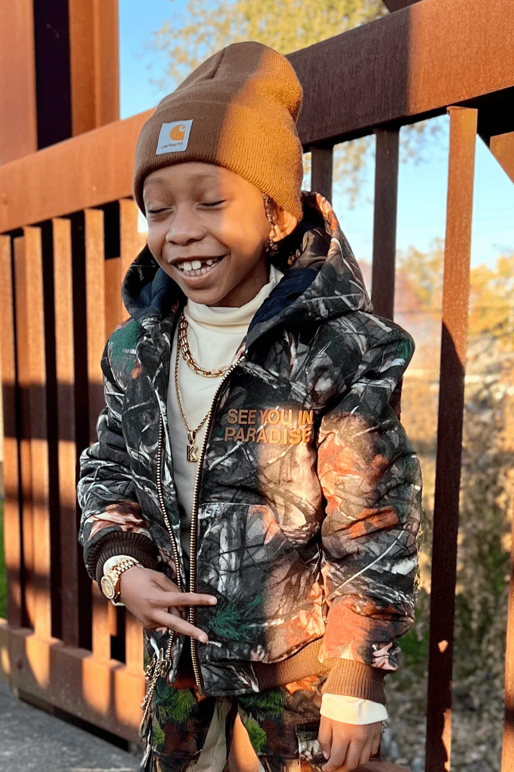 Kids See You In Paradise Hooded Work Jacket (Natural Tree) - Image 9